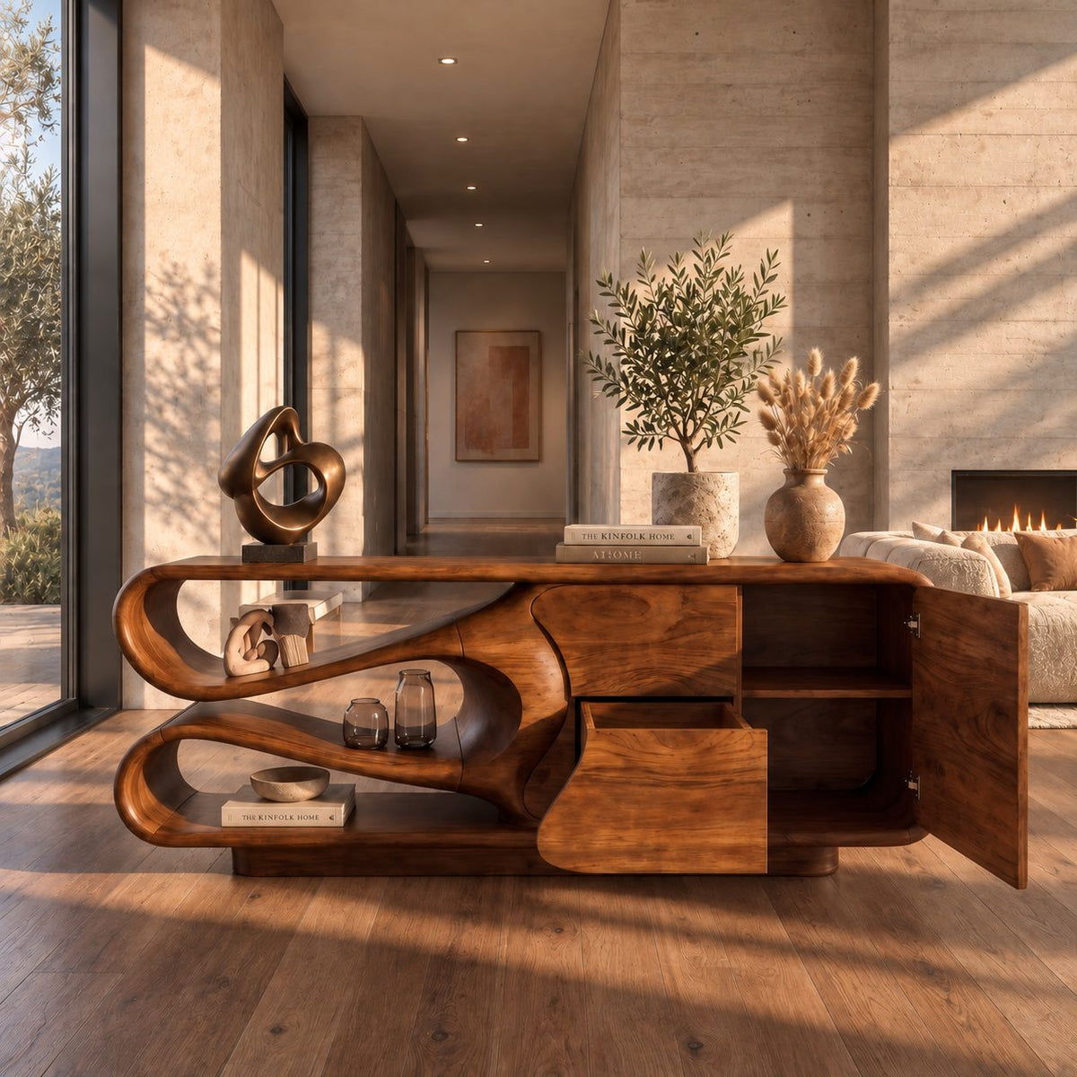 Sculptural Sideboard Credenza with Flowing Looped Open End, Stacked Drawers and Door Cabinet
