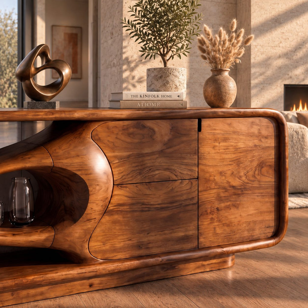 Sculptural Sideboard Credenza with Flowing Looped Open End, Stacked Drawers and Door Cabinet