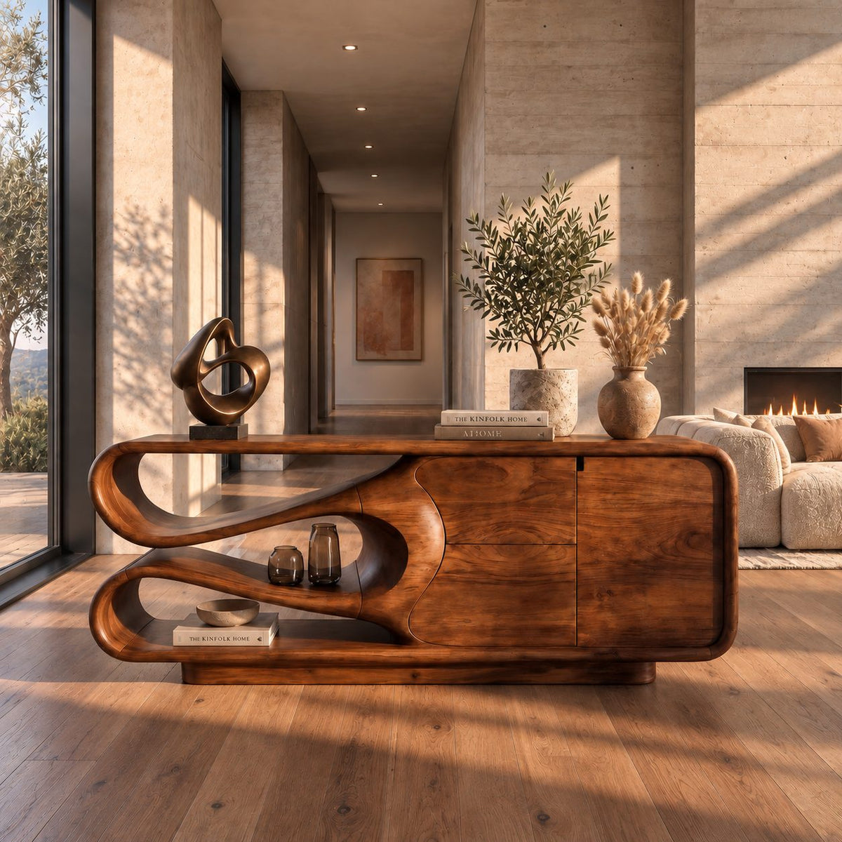 Sculptural Sideboard Credenza with Flowing Looped Open End, Stacked Drawers and Door Cabinet