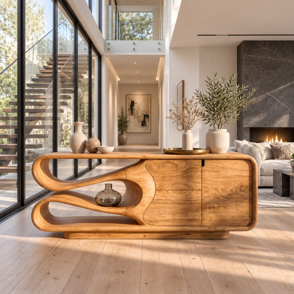 Sculptural Sideboard Credenza with Flowing Looped Open End, Stacked Drawers and Door Cabinet