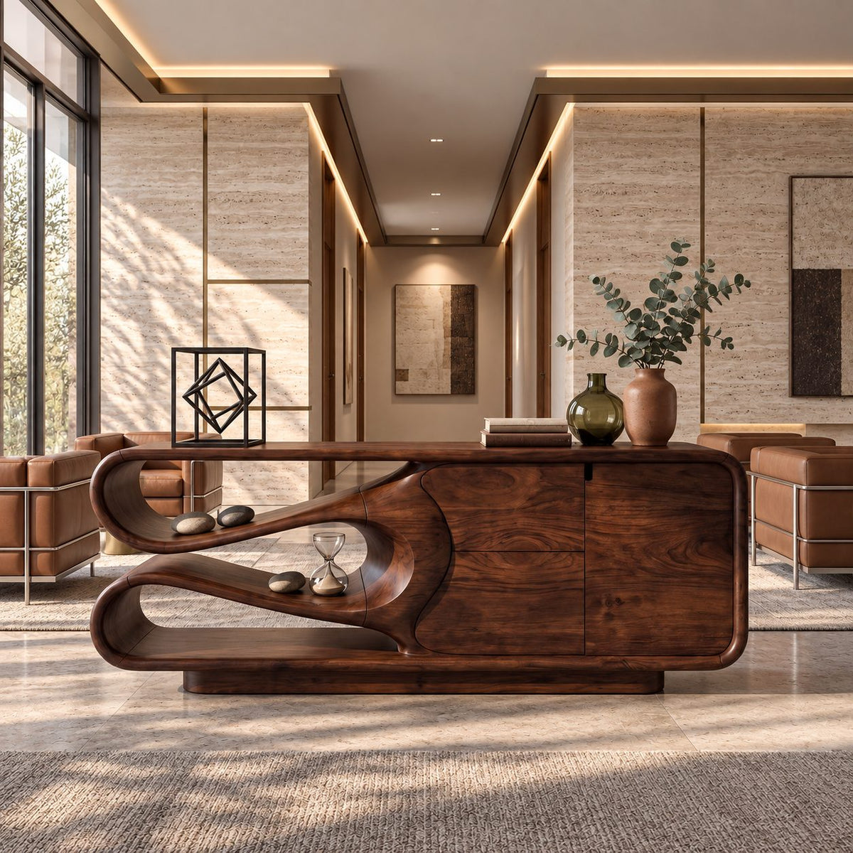 Sculptural Sideboard Credenza with Flowing Looped Open End, Stacked Drawers and Door Cabinet