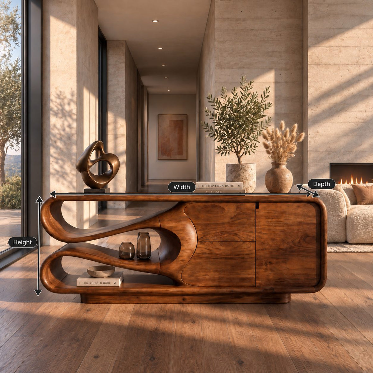 Sculptural Sideboard Credenza with Flowing Looped Open End, Stacked Drawers and Door Cabinet