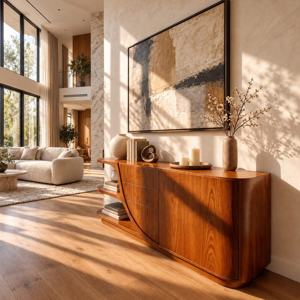 Curved Sideboard with Sweeping Side Panel, Open End Shelves, Drawers and Doors