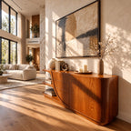 Curved Sideboard with Sweeping Side Panel, Open End Shelves, Drawers and Doors