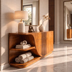 Curved Sideboard with Sweeping Side Panel, Open End Shelves, Drawers and Doors