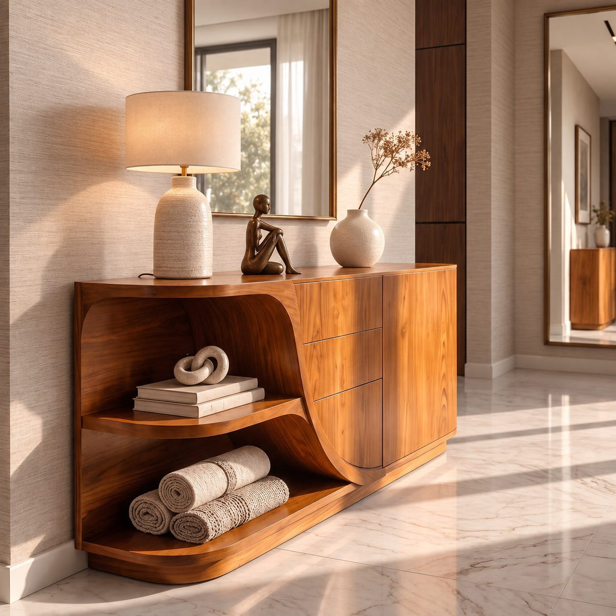 Curved Sideboard with Sweeping Side Panel, Open End Shelves, Drawers and Doors