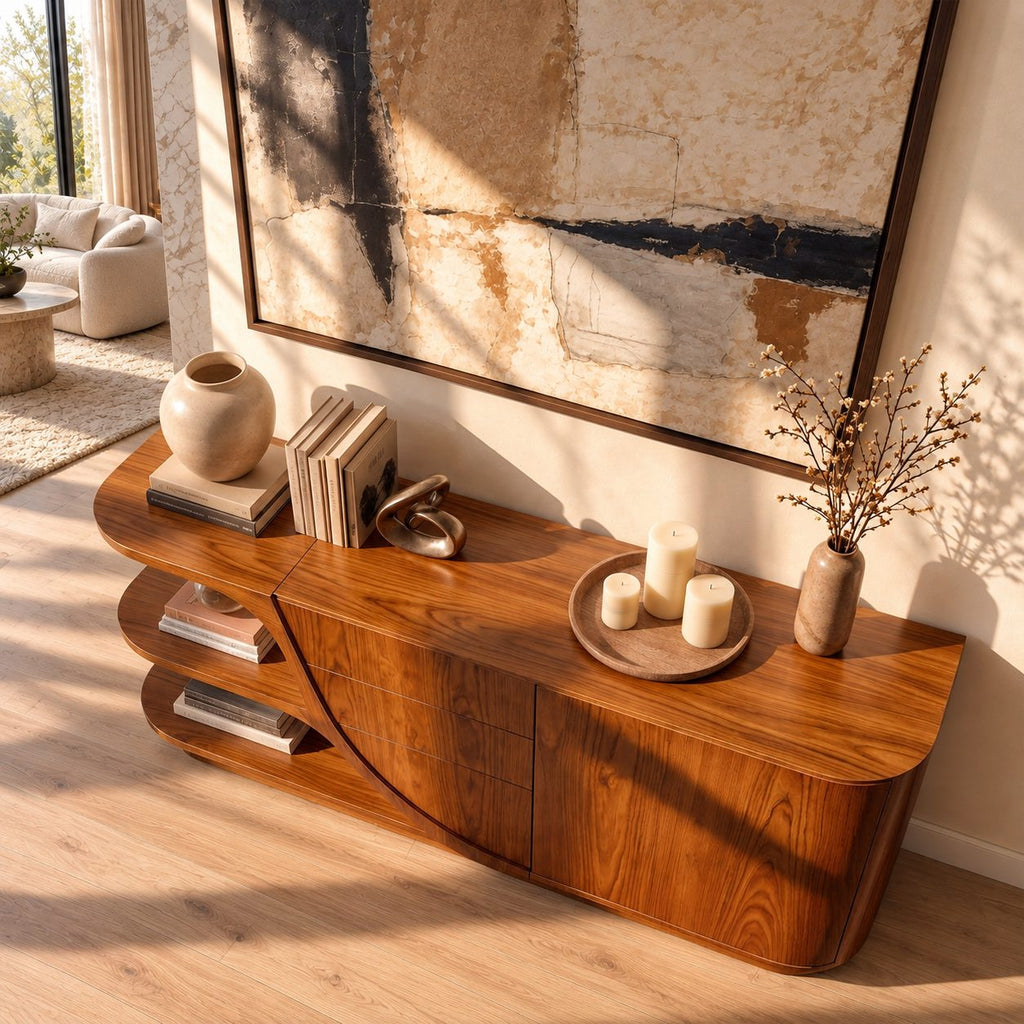 Curved Sideboard with Sweeping Side Panel, Open End Shelves, Drawers and Doors