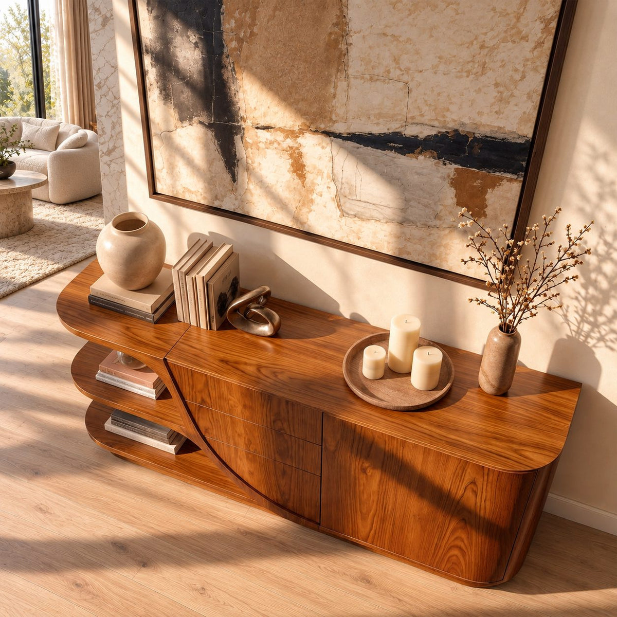 Curved Sideboard with Sweeping Side Panel, Open End Shelves, Drawers and Doors