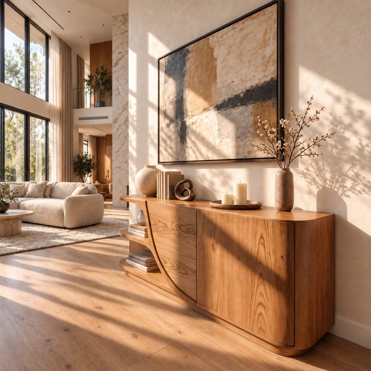 Curved Sideboard with Sweeping Side Panel, Open End Shelves, Drawers and Doors