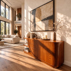 Curved Sideboard with Sweeping Side Panel, Open End Shelves, Drawers and Doors