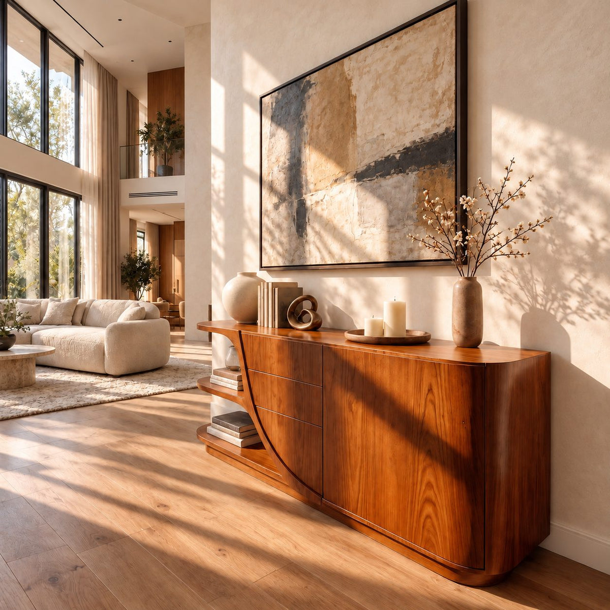 Curved Sideboard with Sweeping Side Panel, Open End Shelves, Drawers and Doors