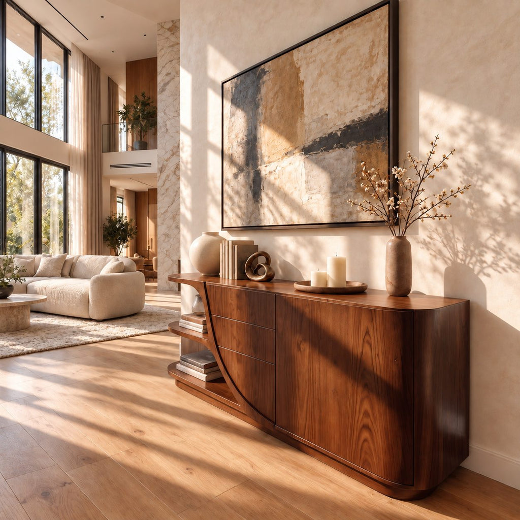 Curved Sideboard with Sweeping Side Panel, Open End Shelves, Drawers and Doors