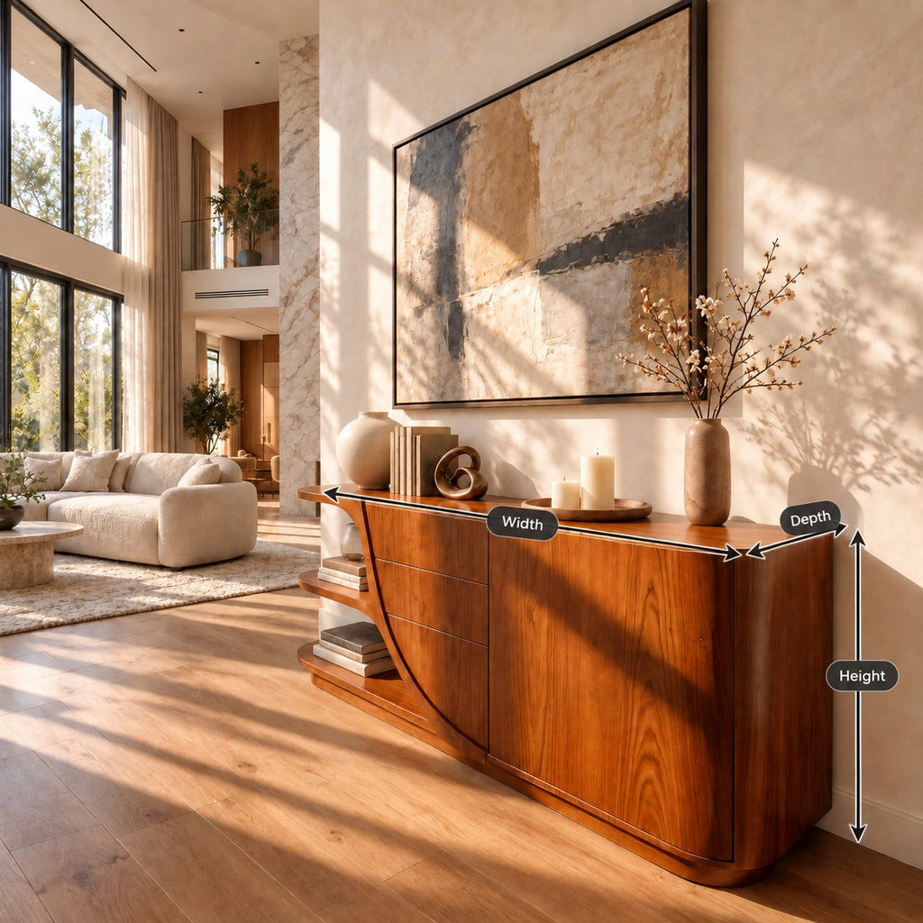 Curved Sideboard with Sweeping Side Panel, Open End Shelves, Drawers and Doors