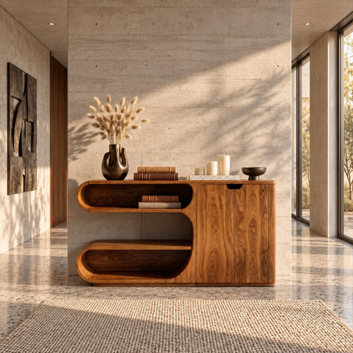 Modern Sideboard Buffet with Stacked Rounded Open Display Compartments and Two Door Cabinet
