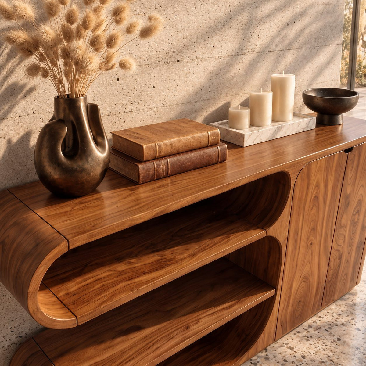 Modern Sideboard Buffet with Stacked Rounded Open Display Compartments and Two Door Cabinet