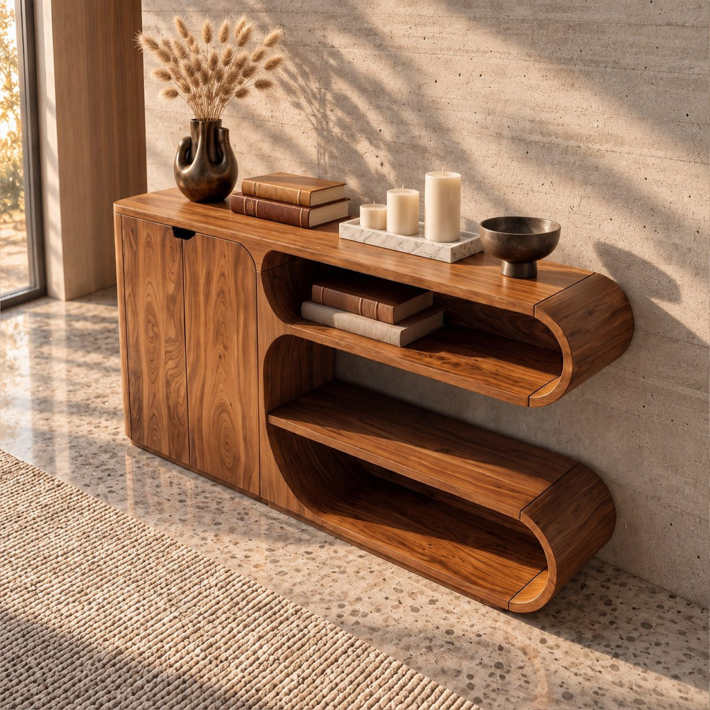 Modern Sideboard Buffet with Stacked Rounded Open Display Compartments and Two Door Cabinet