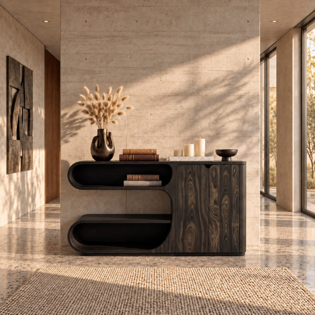 Modern Sideboard Buffet with Stacked Rounded Open Display Compartments and Two Door Cabinet