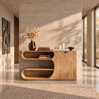 Modern Sideboard Buffet with Stacked Rounded Open Display Compartments and Two Door Cabinet