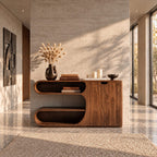 Modern Sideboard Buffet with Stacked Rounded Open Display Compartments and Two Door Cabinet