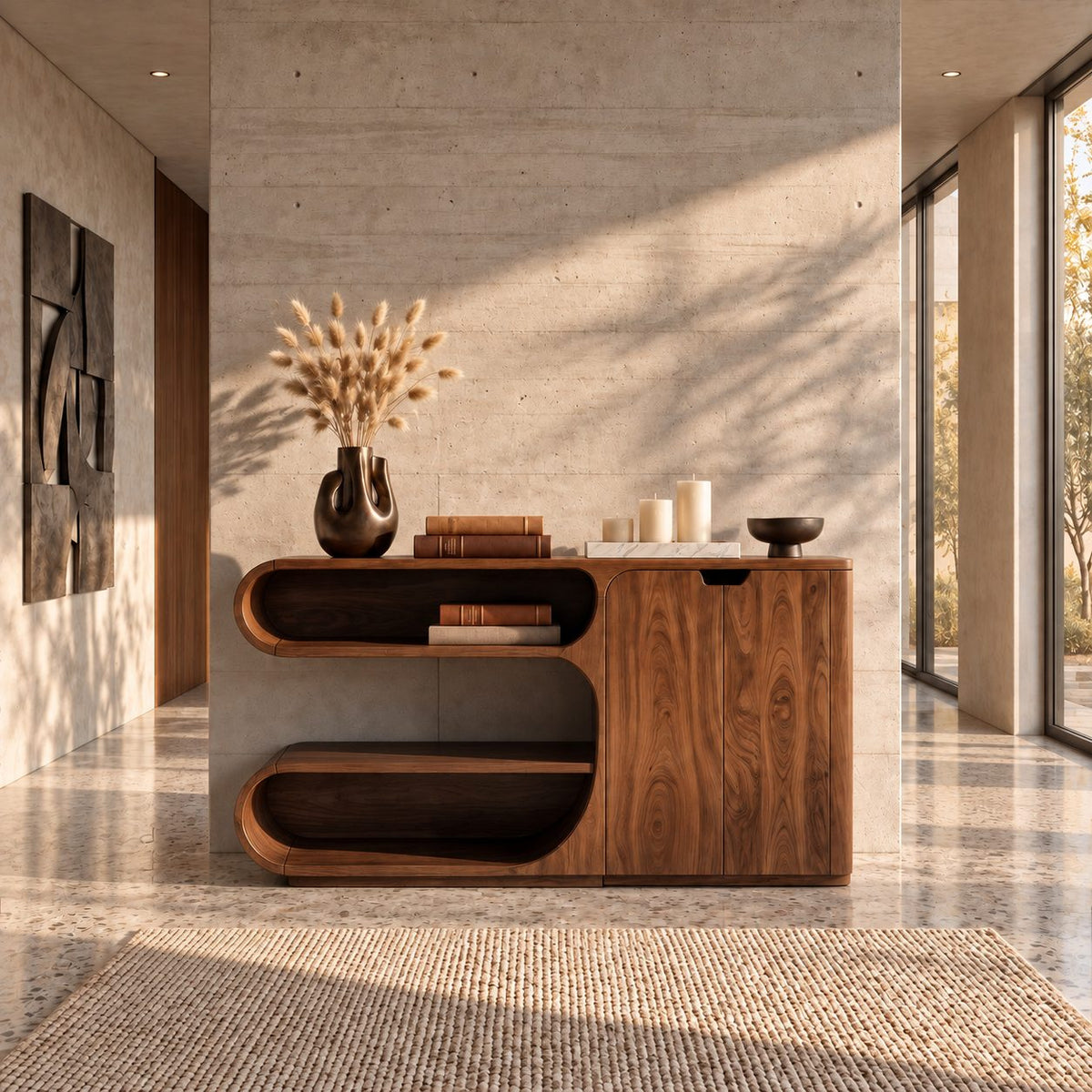 Modern Sideboard Buffet with Stacked Rounded Open Display Compartments and Two Door Cabinet