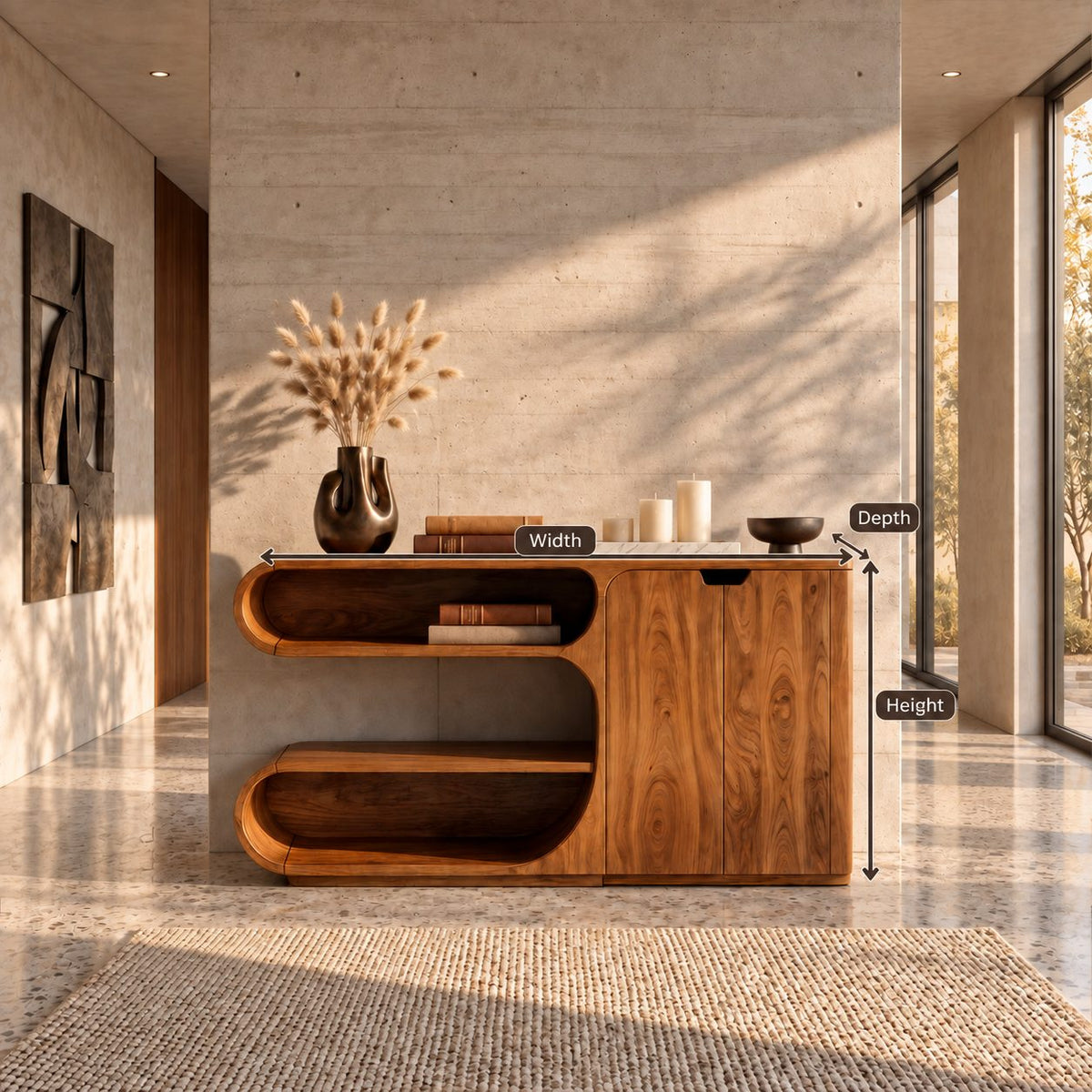 Modern Sideboard Buffet with Stacked Rounded Open Display Compartments and Two Door Cabinet