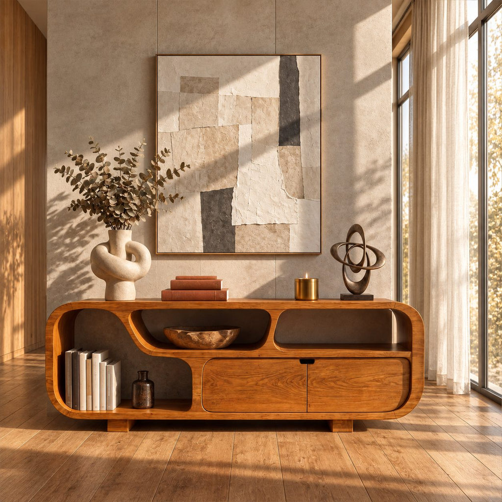 Low Sideboard Buffet with Rounded Capsule Frame, Open Cubbies, Side Shelf Bay and Two Drawers