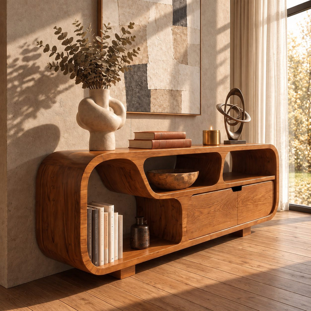 Low Sideboard Buffet with Rounded Capsule Frame, Open Cubbies, Side Shelf Bay and Two Drawers