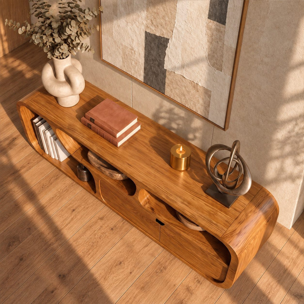 Low Sideboard Buffet with Rounded Capsule Frame, Open Cubbies, Side Shelf Bay and Two Drawers
