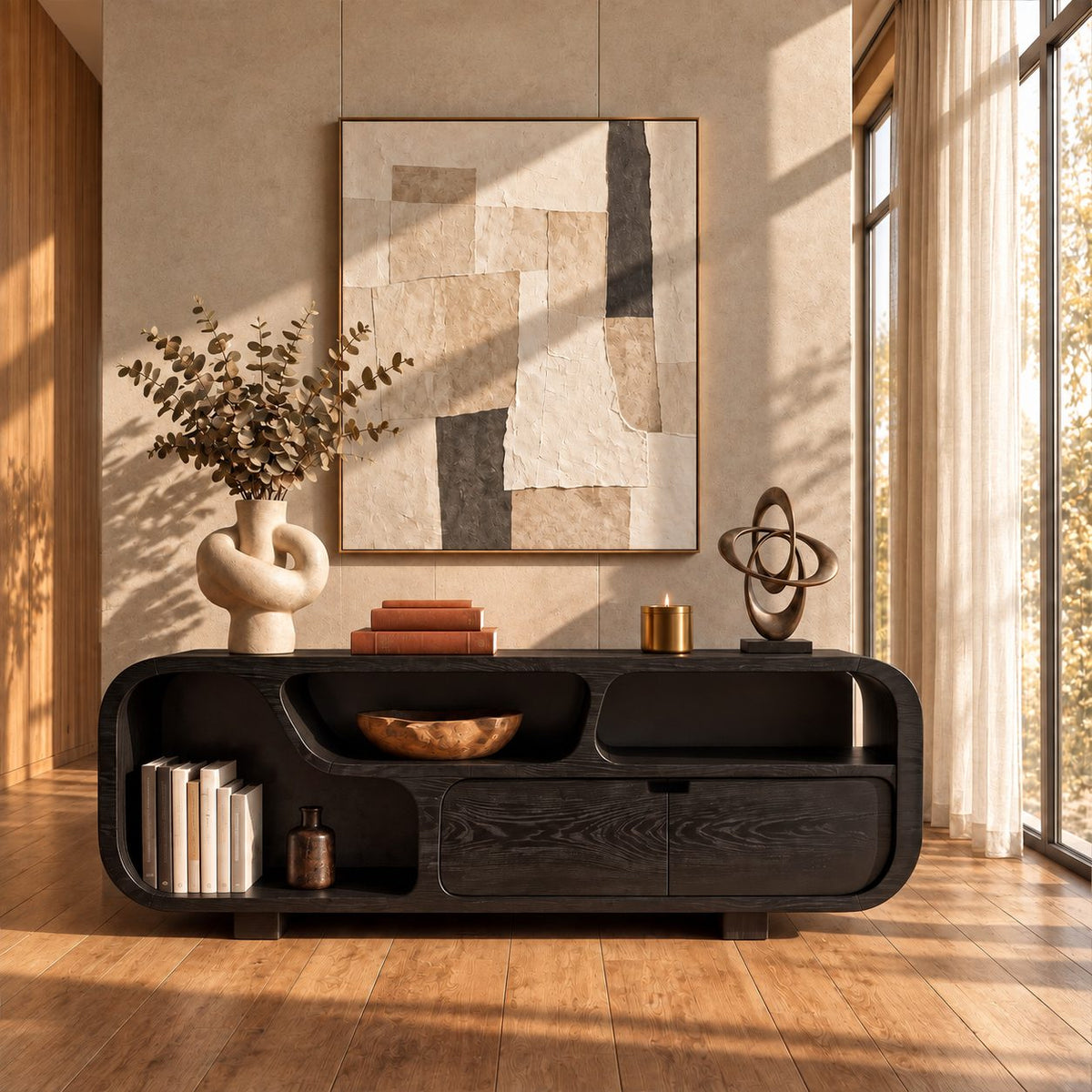 Low Sideboard Buffet with Rounded Capsule Frame, Open Cubbies, Side Shelf Bay and Two Drawers