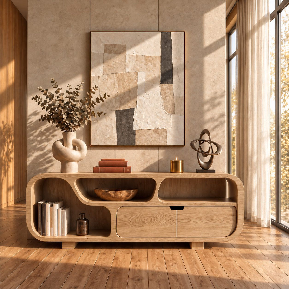 Low Sideboard Buffet with Rounded Capsule Frame, Open Cubbies, Side Shelf Bay and Two Drawers