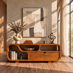Low Sideboard Buffet with Rounded Capsule Frame, Open Cubbies, Side Shelf Bay and Two Drawers