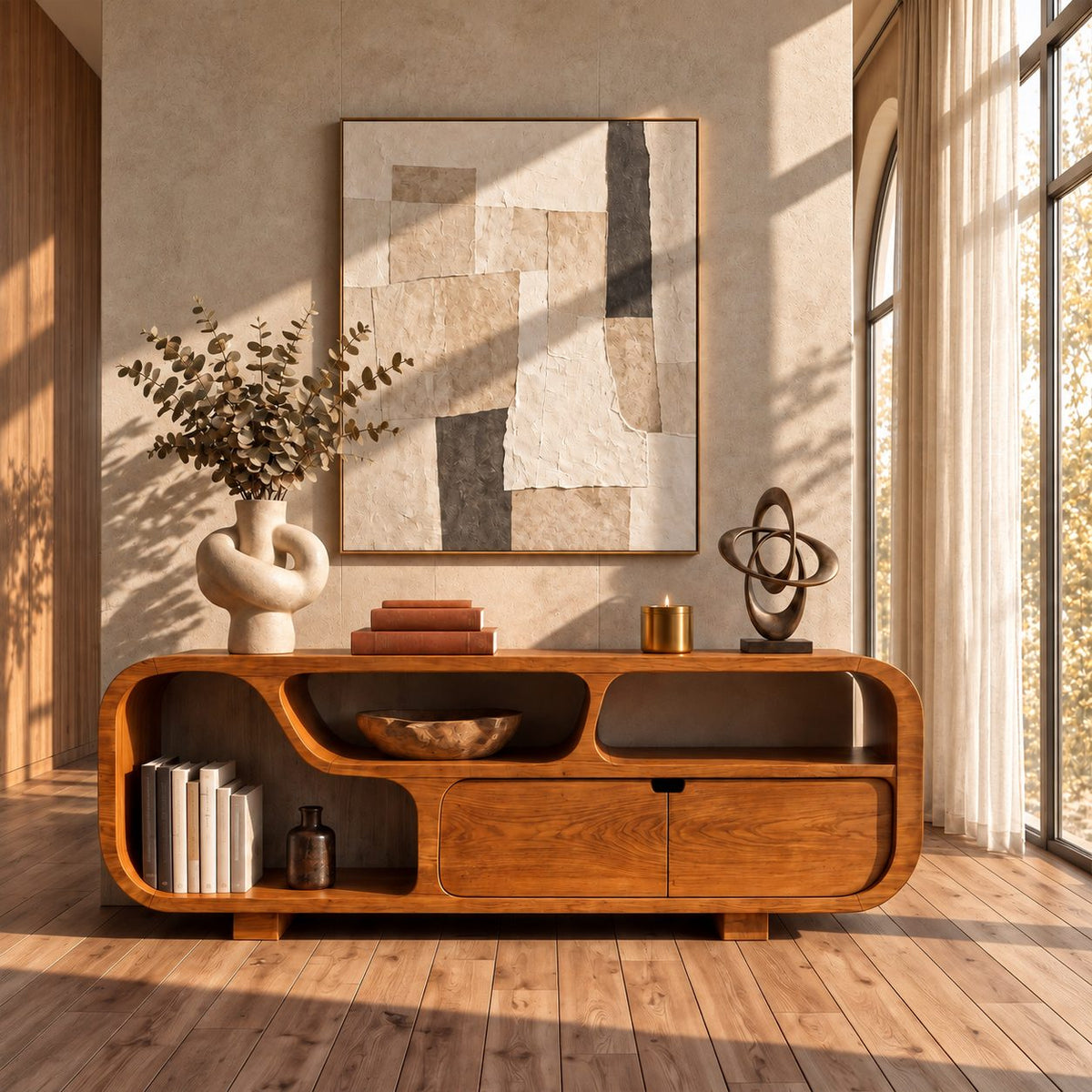 Low Sideboard Buffet with Rounded Capsule Frame, Open Cubbies, Side Shelf Bay and Two Drawers