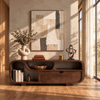 Low Sideboard Buffet with Rounded Capsule Frame, Open Cubbies, Side Shelf Bay and Two Drawers
