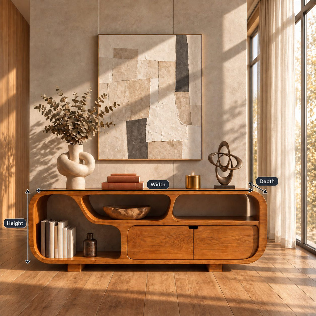 Low Sideboard Buffet with Rounded Capsule Frame, Open Cubbies, Side Shelf Bay and Two Drawers