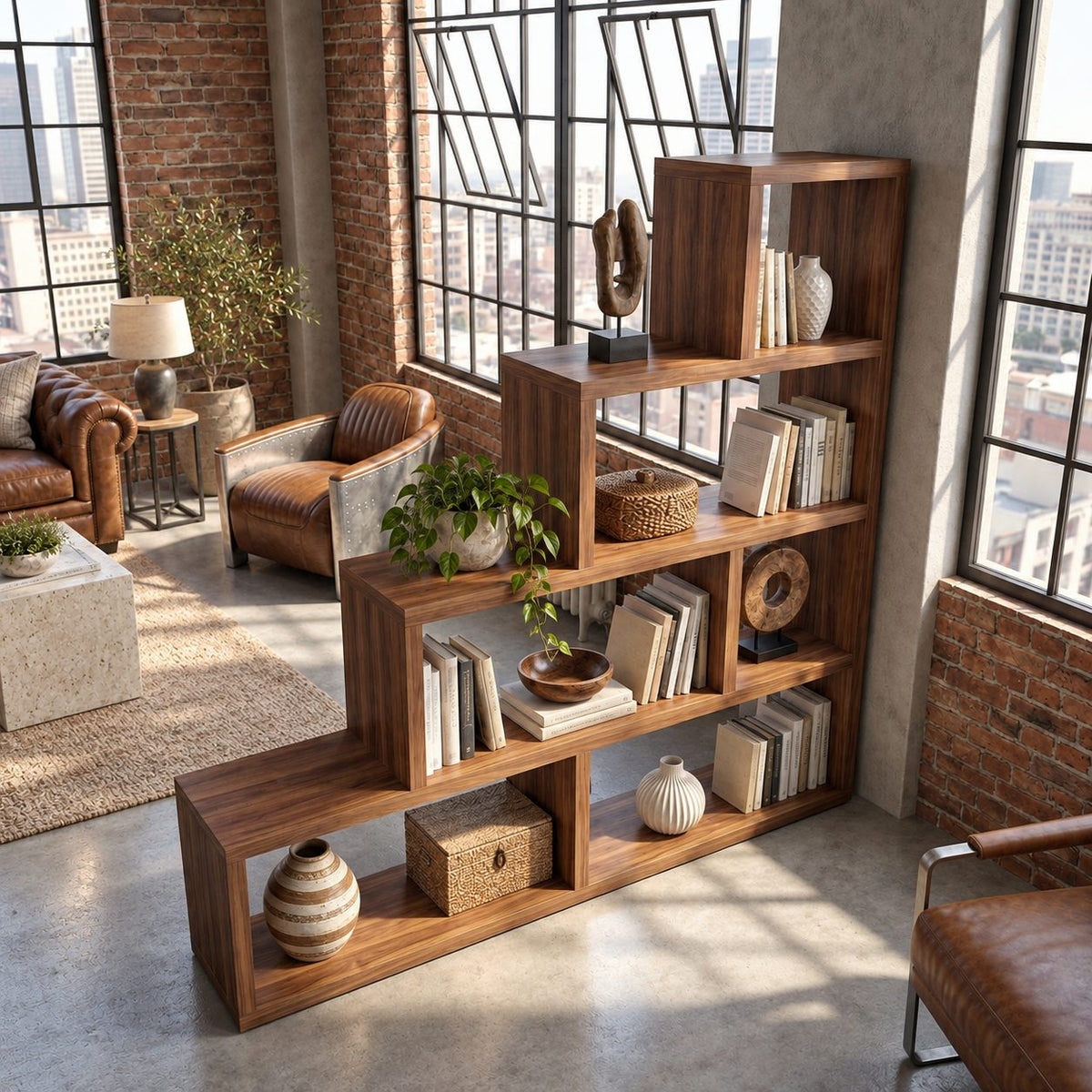 Room Divider Bookshelf with Staircase Open Cubbies, Mid Century Stepped Display Bookcase