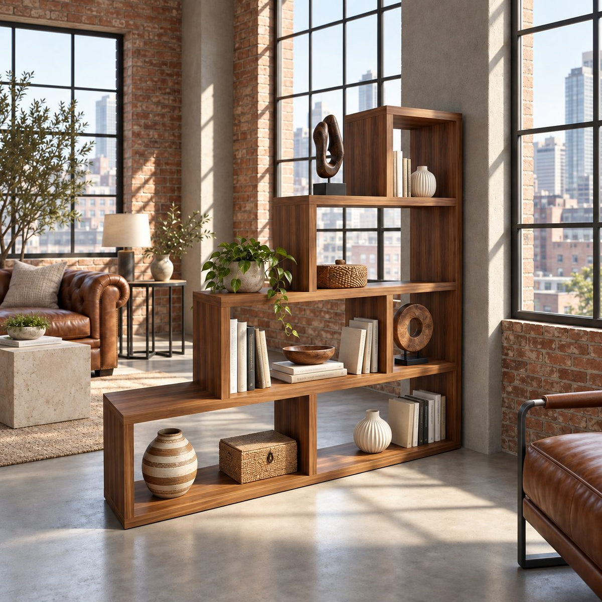 Room Divider Bookshelf with Staircase Open Cubbies, Mid Century Stepped Display Bookcase