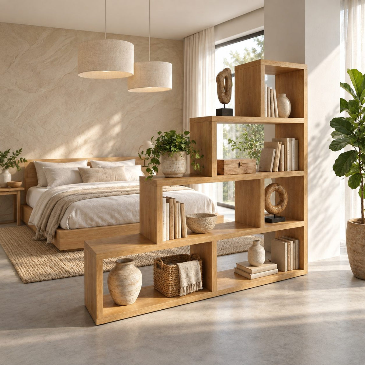 Room Divider Bookshelf with Staircase Open Cubbies, Mid Century Stepped Display Bookcase