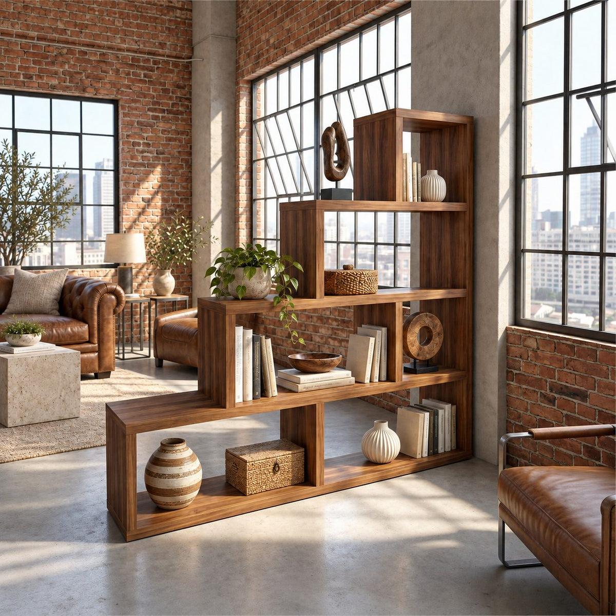 Room Divider Bookshelf with Staircase Open Cubbies, Mid Century Stepped Display Bookcase