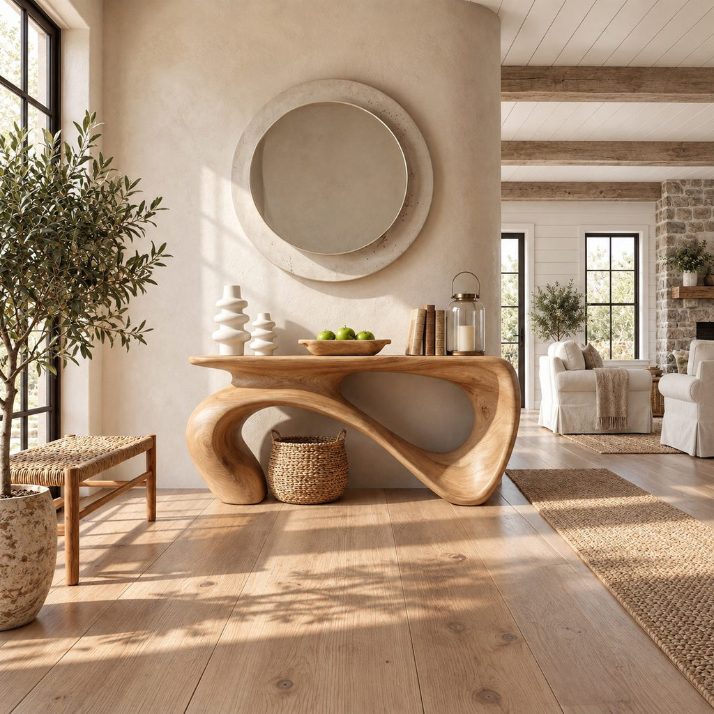 Wave Console Table with Flowing Ribbon Base, Sculptural Solid Wood Entryway Table