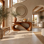 Wave Console Table with Flowing Ribbon Base, Sculptural Solid Wood Entryway Table