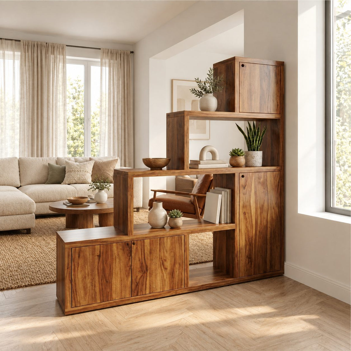 Room Divider Bookcase with Door Cabinets and Stepped Open Shelves, Mid Century Storage Divider