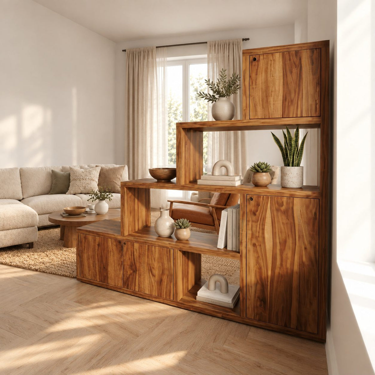 Room Divider Bookcase with Door Cabinets and Stepped Open Shelves, Mid Century Storage Divider