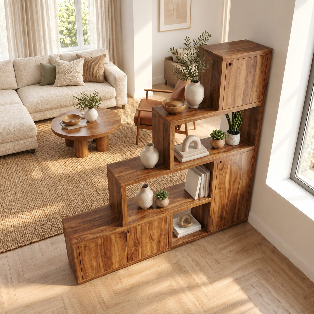 Room Divider Bookcase with Door Cabinets and Stepped Open Shelves, Mid Century Storage Divider