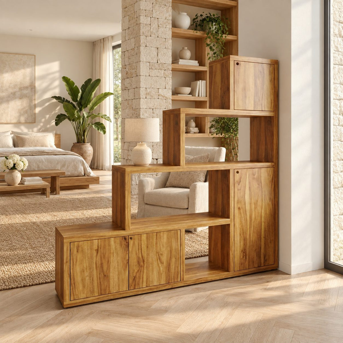Room Divider Bookcase with Door Cabinets and Stepped Open Shelves, Mid Century Storage Divider