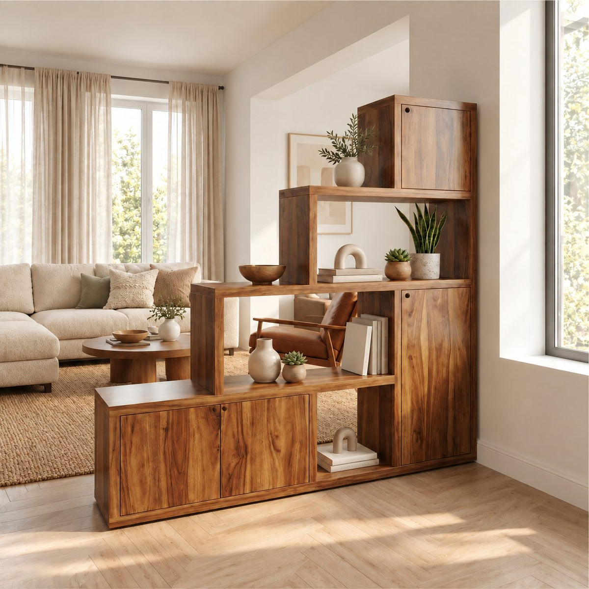 Room Divider Bookcase with Door Cabinets and Stepped Open Shelves, Mid Century Storage Divider