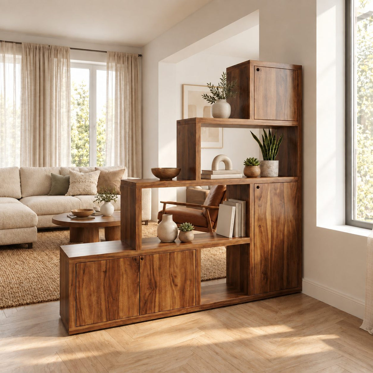 Room Divider Bookcase with Door Cabinets and Stepped Open Shelves, Mid Century Storage Divider