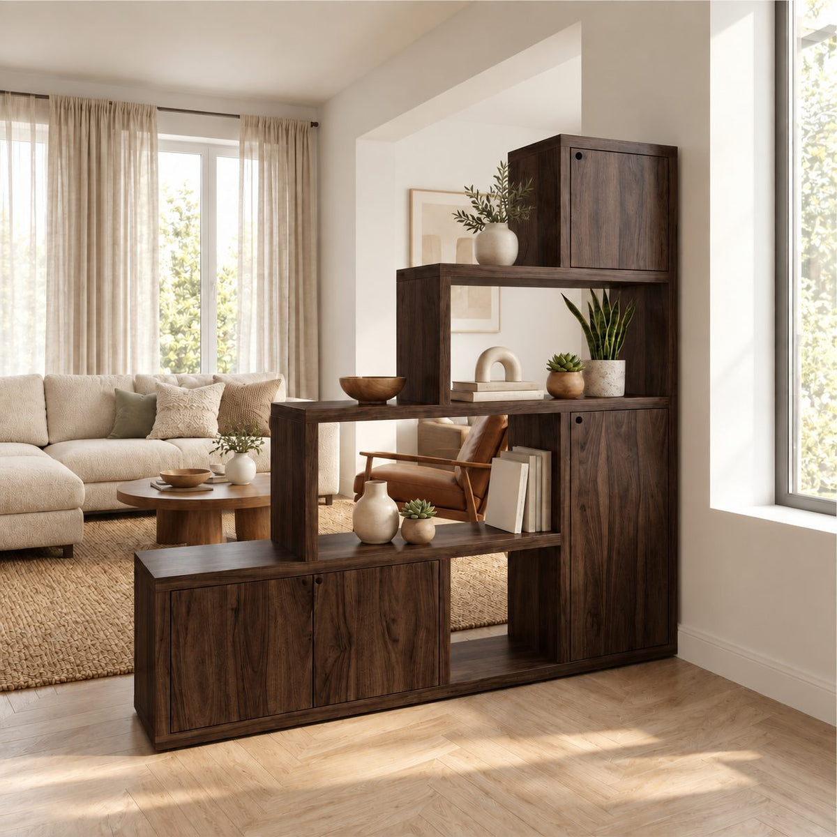 Room Divider Bookcase with Door Cabinets and Stepped Open Shelves, Mid Century Storage Divider