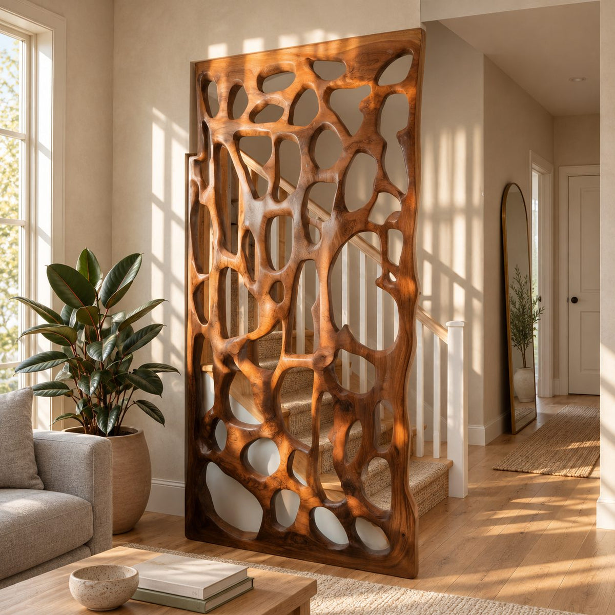 Wooden Room Divider Screen with Organic Carved Cutouts, Sculptural Openwork Privacy Panel