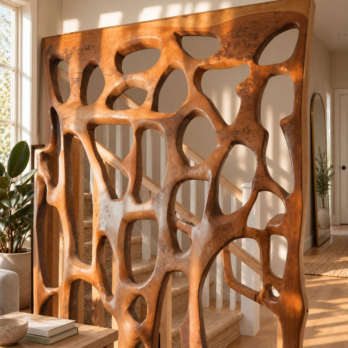 Wooden Room Divider Screen with Organic Carved Cutouts, Sculptural Openwork Privacy Panel