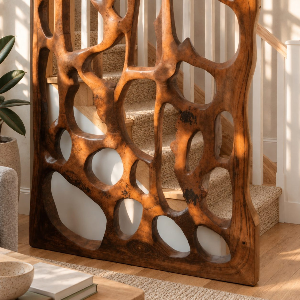 Wooden Room Divider Screen with Organic Carved Cutouts, Sculptural Openwork Privacy Panel